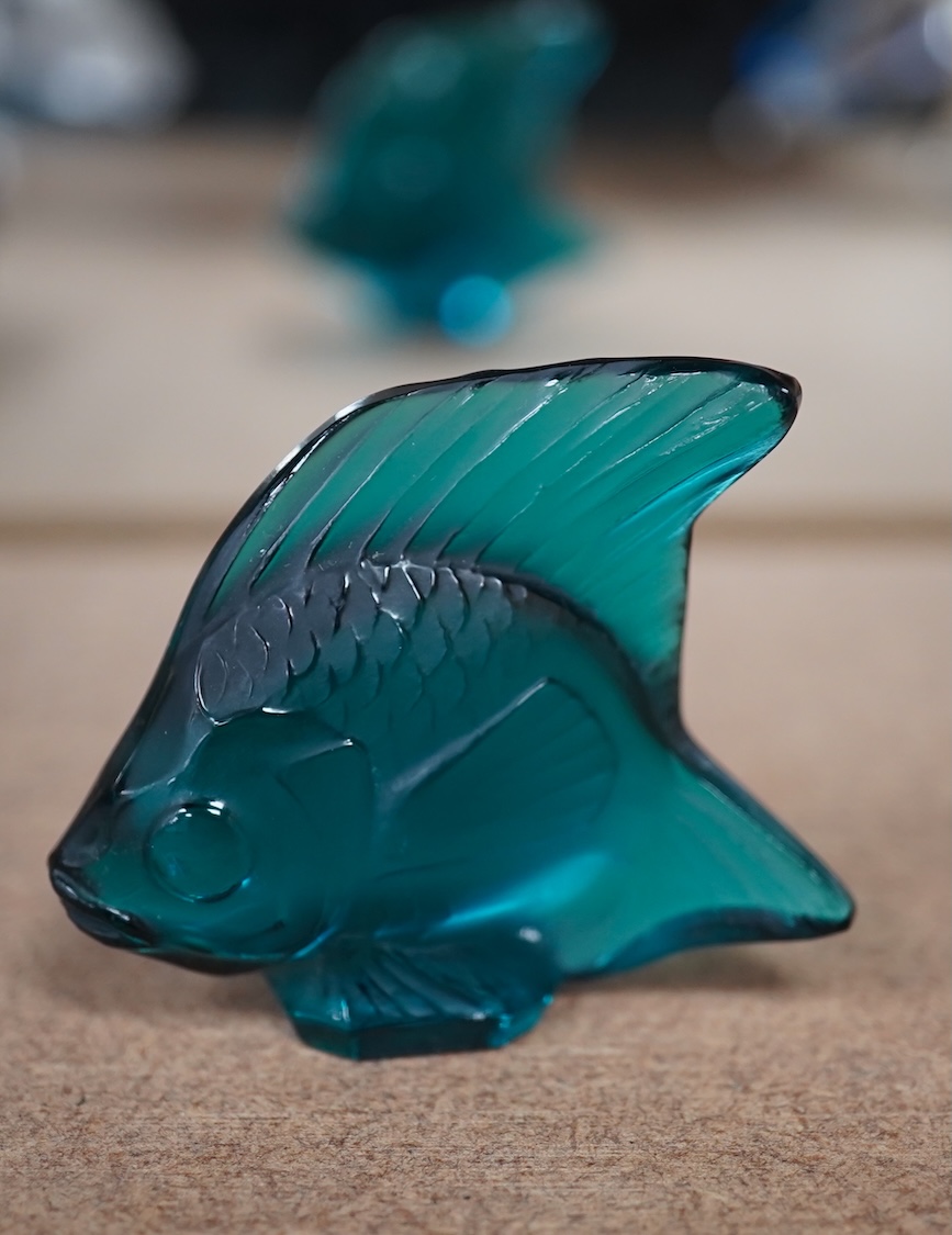 Three pieces of modern Lalique glass in the form of animals, each signed, one with box, 12cm high. Condition - good